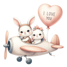  Couple Bunny In Airplane With I Love You Balloon Watercolor Illustration.AI Generate