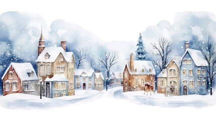 watercolor winter cute town landscape isolated on a transparent background.