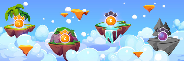 Wall Mural - arcade game levels map with floating islands on sky background. vector cartoon illustration of flyin