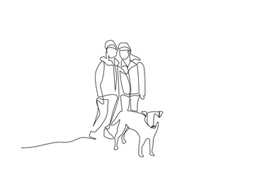 Wall Mural - couple people dog together friends outdoor activity camp life one line art design