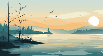 Canvas Print - abstract nature scene featuring a serene lakeside view with abstract elements seamlessly integrated, using a flat color palette for clarity and focus. lakeside scene