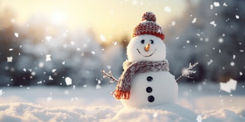 Poster - A snowman wearing a hat and scarf stands in the snow. Perfect for winter-themed designs and holiday decorations