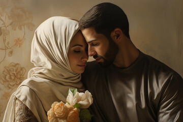 Poster - Muslim wedding marriage ceremony, young muslim couple, romantic moment. Generative AI.