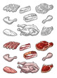 Set meat products. Brisket, steak, chicken leg, ribs wing, and breast halves. Vintage color and black vector engraving illustration. Isolated on white background.