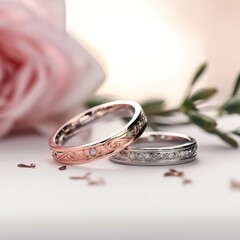 Wall Mural - Beautiful platinum rings with a rose gold accent is shown up close, positioned on a white surface with gentle sunlight softly highlighting the rings details in the background.