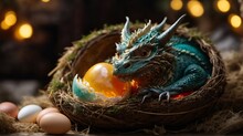 A Small, Little ,cute Baby Dragon Sleeping Comfortable Inside Egg Shell