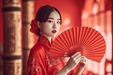 Chinese girl in traditional red kimono holds fan. Elegant Asian lady in traditional outfit with red accessory. Generate ai