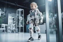 3d Rendering Of A Little Girl Robot In A Modern Office.
