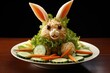Funny and nice bunny shaped crumpets served with mix fresh vegetables, funny food for kids, healthy food. Healthy eating. Rabbit made of vegetables