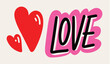 Love hand drawn text with a heart symbol. Vector illustration.