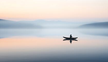 Wall Mural - man_canoeing_on_a_misty_lake_at_dawn