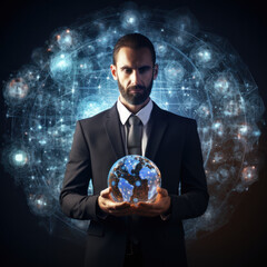 Internet inscription. global network and icons. businessman holding in his hand