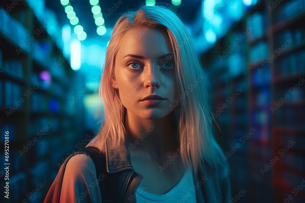 Woman Led Light Future blond woman in neon illuminated room. Vibrant futuristic vivid ...