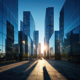 Fototapeta Londyn - Low angle shot of modern glass city buildings with clear sky background