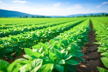 Wall Mural - Rows of soy seedlings field. Young soy plants. Green growing soybeans plant. Fresh green soy plants on the field in summer. 	
