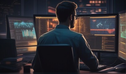 Busy smart business man software developer engineer programmer working late on pc computer in dark night office. Coder working with ai software development solutions. Back view, from AI GENERATED
