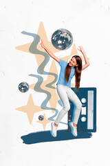 Poster - Vertical picture artwork sketch collage of cheerful cute girl have fun celebrate party holidays enjoy good mood big tape cassette on drawing background