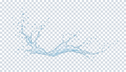 Wall Mural - Translucent water flow with drops realistic vector illustration. Liquid splashing with bubbles 3d element on transparent mesh background