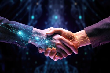 Computer generated illustration human hands handshake, medical object, computer code, neon, hologram, artificial intelligence, cyborg, digital art sci-fi, medtech, ai futuristic business gesture