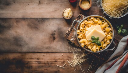 Wall Mural - mac and cheese with corn, bacon topped with panko breadcrumbs on plate on dark wooden