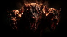 Fictional Mythical Evil Rabid Creature Cerberus Demon With Three Heads Barking