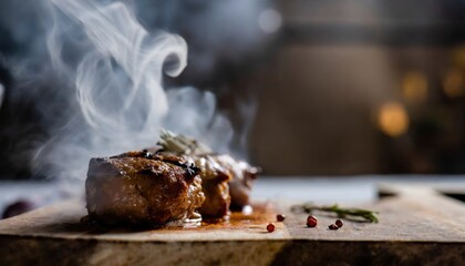 Copy Space image of Barbecue grilled and sliced wagyu Rib Eye beef meat steak on a plate with smoke on bokeh background.