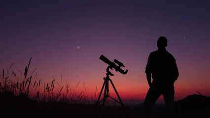 Wall Mural - astronomer looking at the stars, planets, moon and celestial objects with a telescope.