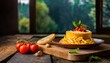 Copy Space image of Mac and cheese american macaroni pasta with cheesy Cheddar sauce with landscape view