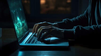 Hand of a man using laptop computer for hacking or steal data at night in office. Hacking concept