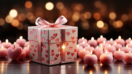 Wall Mural - Valentine's day Pink Gift box with red hearts decorations on pink background The concept of a holiday surprise for Valentine's Day, New Year's, or Christmas. Valentines Day concept