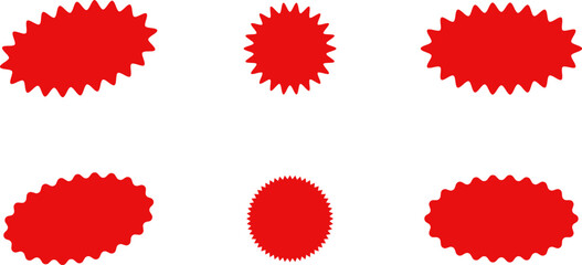 Starburst red sticker set - collection of special offer sale oval and round shaped sunburst labels and badges. Promo stickers with star edges. Vector.