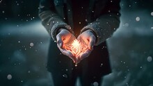 Magical Night With Burning Snowflake In Hands. Human Hands With Sparkling Snowflake Against Snow Background. I Love Winter Or Snow Fall Fantasy Landscape Beauty