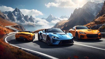 Wall Mural - a dynamic scene of two high-performance sports cars racing on a winding mountain road ai generated