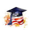 Watercolor graduating cap with USA flag on a transparent background