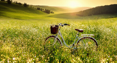 Aufkleber - Natural beautiful spring summer mountain landscape with a bicycle in the lush tall grass in the rays of the sun at sunrise or sunset.