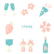春に使えるワインと季節のベタ塗りイラストセット（ピンク、ブルー）