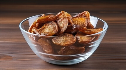 Sticker - Dried figs in glass bowl on wooden background. generative ai