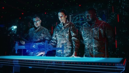 Futuristic Warfare Strategy: Military Intelligence Experts use Holographic Augmented Reality Table Map to Scan Enemy Terrain. Army Recoinessance Use 3D Surveillance Tech, Big Data Analysis to Win War