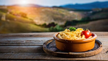 Wall Mural - Copy Space image of Mac and cheese american macaroni pasta with cheesy Cheddar sauce with landscape view