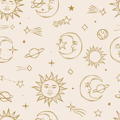 Wall Mural - Celestial mystic esoteric repeat pattern with sun and moon elements, seamless repeating background design