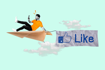 Canvas Print - Horizontal surreal photo collage of young crazy blogger man fly on paper plane facebook like heart recording on phone for fame popularity