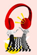 © master1305 - Man and woman with headphones on head dancing over pastel background. Contemporary art collage. Disco, party. Concept of retro style, creativity, inspiration, fun and joy. Poster