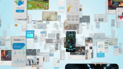 Wall Mural - social media mega app concept: animated stream of content. browsing through multimedia all in one en