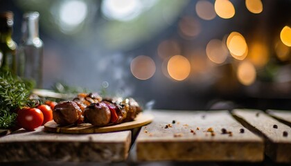 Copy Space image of Barbecue grilled and sliced wagyu Rib Eye beef meat steak on a plate with smoke on bokeh background.