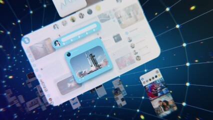 Wall Mural - social media internet web concept: animated stream of content. browsing through multimedia all in on