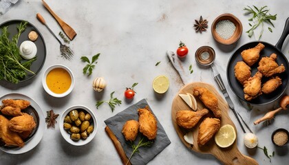 Wall Mural - Copy Space image of Breaded chicken drumstick, leg, wing and breast tenders strips. Dark Wooden background.