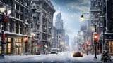 Fototapeta Nowy Jork - A city street covered in a blanket of white snow