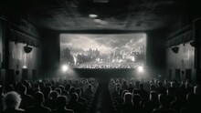 Black and white movie theater with a crowd watching an old noir movie with retro projector lights zooming out animation