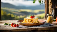 Copy Space Image Of Mac And Cheese American Macaroni Pasta With Cheesy Cheddar Sauce With Landscape View