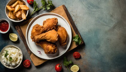 Wall Mural - Copy Space image of crunchy Baked Chicken Tenders on a plate with tomato sauce, flat lay